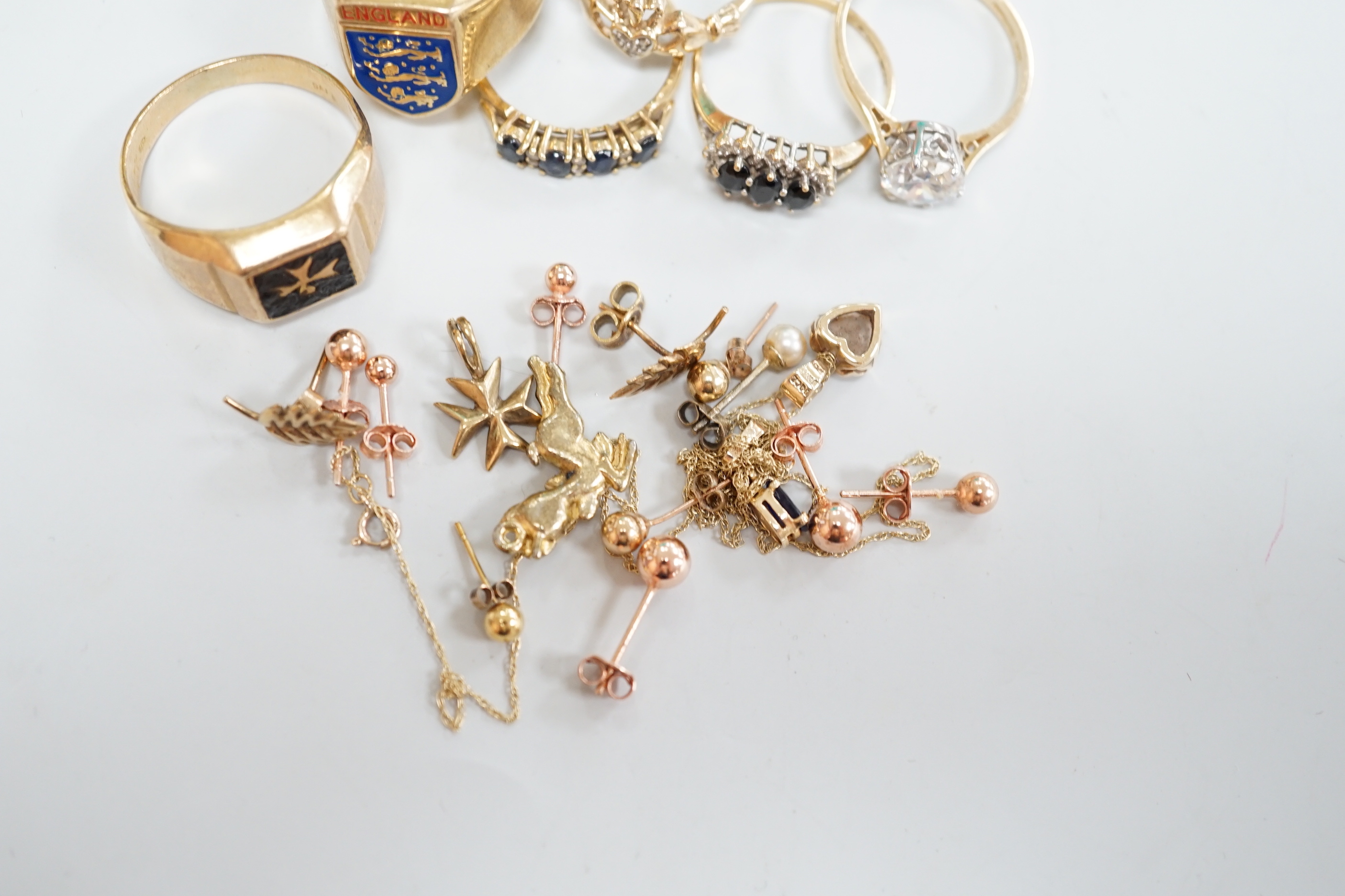 Five assorted 9ct gem set or 375 rings, gross weight 20.5 grams, a 585 and cubic zirconia ring and pendant, gross weight 4.3 grams, together with a 10k and gem set pendant on a 10k chain and assorted ear studs including